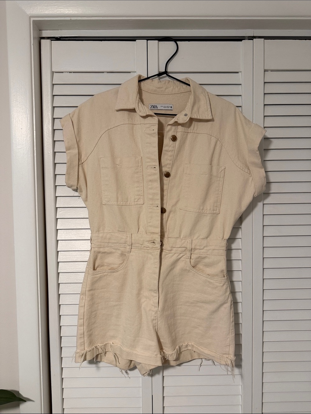 Zara Beige Short-Sleeve Button Utility Romper
